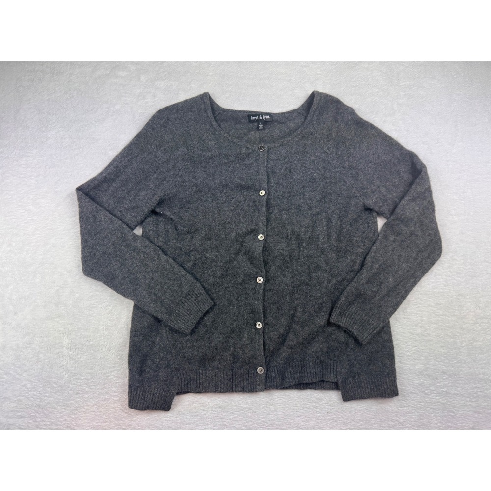 Knyt & Lynk Charcoal Gray Button Front Cardigan Sweater Crew Neck Womens Large